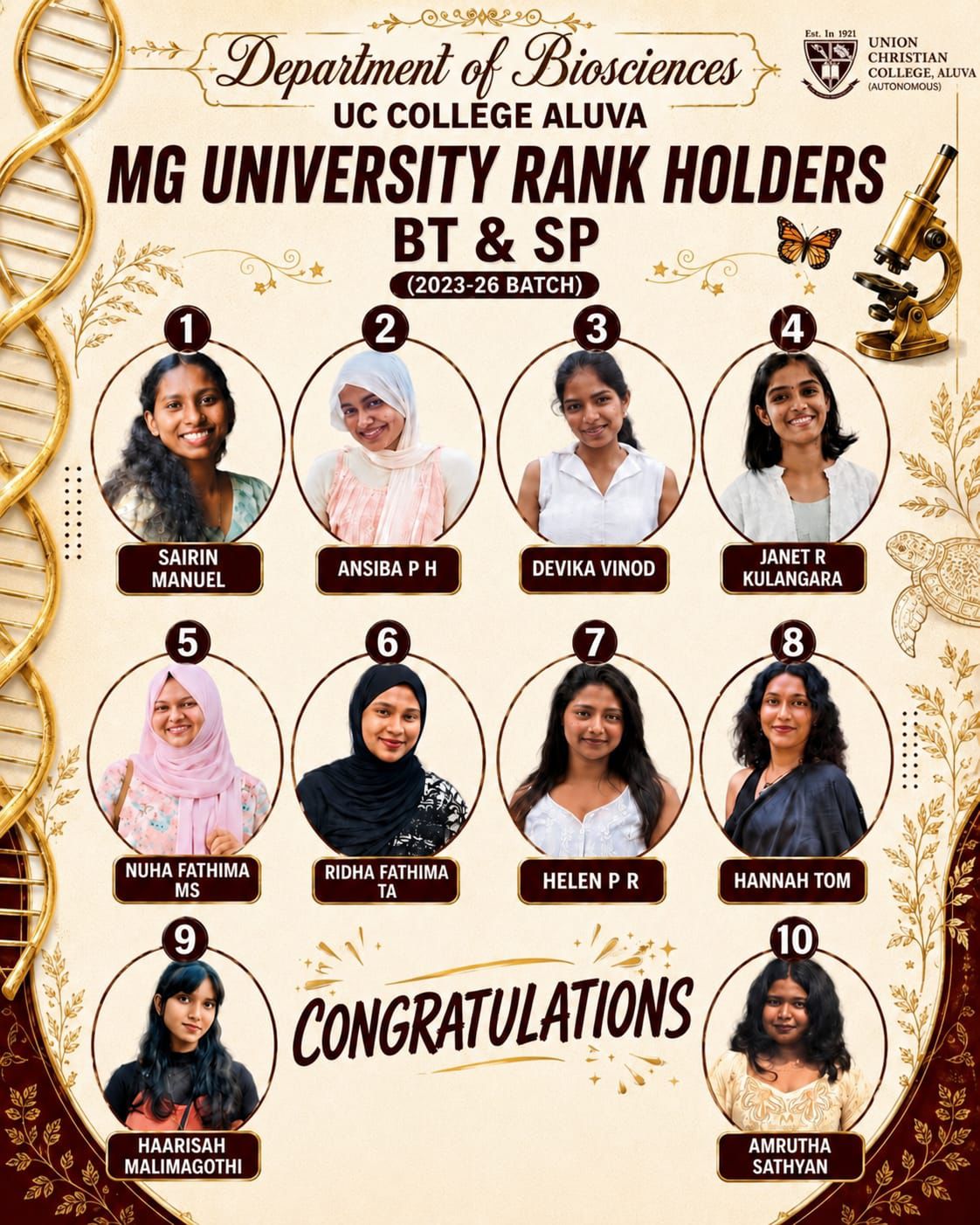 Congratulations to the UG Rank Holders